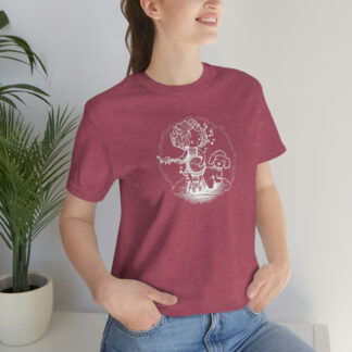 A red banjo shirt with a sketch of girl sitting on a chair playing the banjo for her white dog (maybe a bichon frise or a poodle). She is radiating musical notes and surrounded by a cloud-like frame.