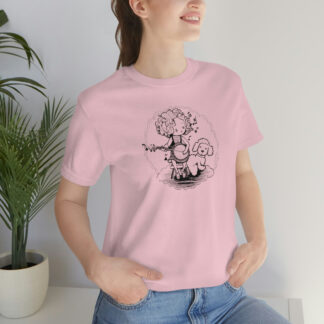 A woman wearing a pink banjo shirt with a sketch of girl sitting on a chair playing the banjo for her white dog (maybe a bichon frise or a poodle). She is radiating musical notes and surrounded by a cloud-like frame.
