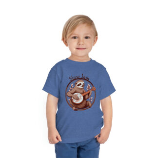 A little boy wearing a blue shirt with a cute sloth sitting within a circular frame adorned with leaves playing the banjo with the words "Slow Jam" above.