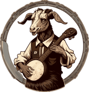 An anthropomorphic, cheerful goat wearing a vest and tie while playing the banjo framed by a circular banjo head.
