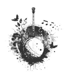 An abstract black-and-white design of a banjo surrounded by musical notes, birds, and other nature designs.
