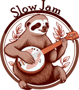 A cute sloth sitting within a circular frame adorned with leaves playing the banjo with the words "Slow Jam" above. 