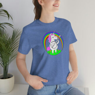 A banjo shirt with a graphic of a unicorn playing the banjo framed by a colorful rainbow
