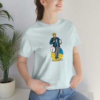 A woman wearing a banjo shirt with A graphic of El Musico from Loteria holding a banjo