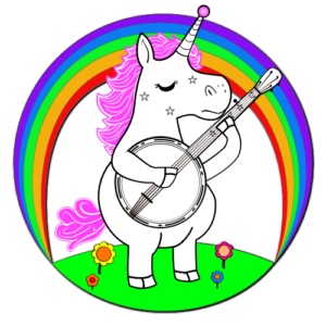 A graphic of a unicorn playing the banjo framed by a colorful rainbow